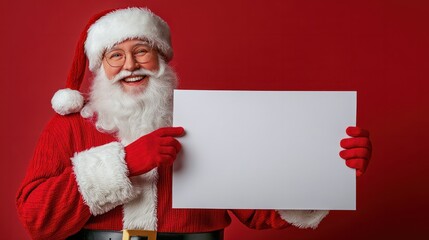 Naklejka premium smiling santa claus holding a blank poster, blank advertising banner background with copy space