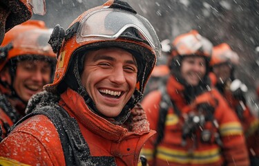 A group of firefighters gathers to commemorate and exchange their happiness and relief following a triumphant operation.