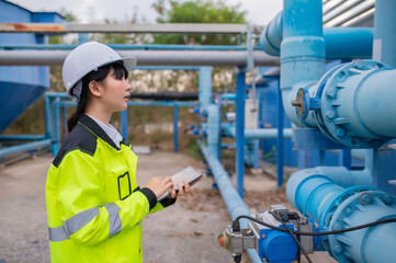 Environmental engineers work at wastewater treatment plants,Water supply engineering working at...