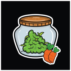 Carrot Fruit Flavor With Cartoon Mascot of Weed Bud On Jar. For Sticker and label.