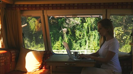 Woman working on laptop inside cozy camper van surrounded by nature, representing freedom of remote work and travel. Remote Work and Travel