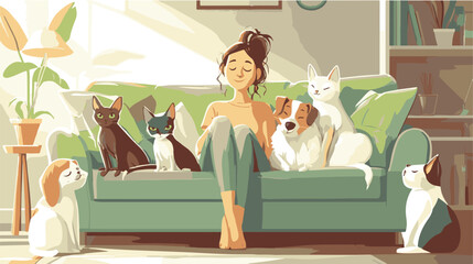 Female cartoon owner sitting on couch with cats and dog at home. Adorable scene in cozy living room with happy woman relaxing on sofa with domestic animals flat vector illustration. Pets, love concept