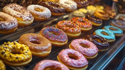 A high-quality photo of a donut shop display case, showcasing a variety of freshly made donuts with different glazes and fillings, attracting customers.