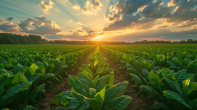 tobacco plantation at sunset, with rows of tall, vibrant green tobacco leaves
