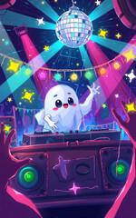 halloween Cute ghost DJ party illustration with neon colors and a disco ball