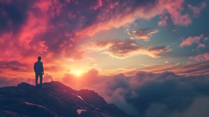Fototapeta premium Silhouette of a Man on a Mountaintop at Sunset with Dramatic Pink and Blue Clouds