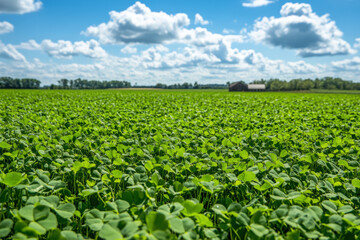 Vast field of clover plants thrives under a bright blue sky with fluffy white clouds