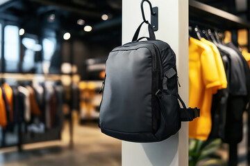 A black backpack mockup hangs on a hook in a modern clothing store with a blurred background of clothes on racks. Ideal for branding or design presentations.