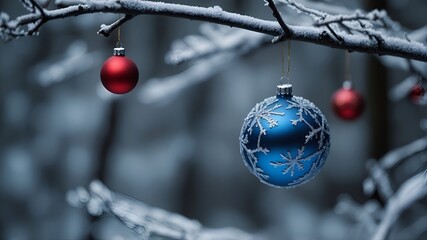 red and blue christmas ball on tree, Christmas decoration