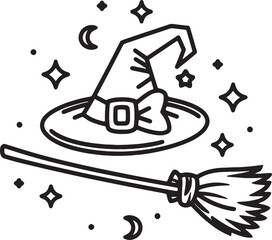Witch Hat outline Vector illustration on white Background.