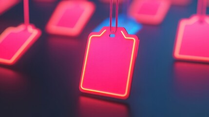 Cyber Monday price tags, flashing neon lights, 3D illustration