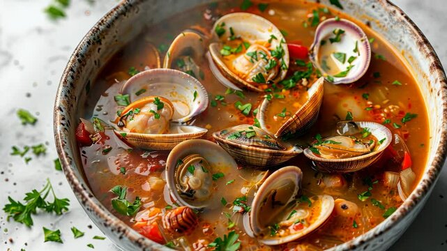 Delicious Manhattan-style clam chowder recipe made with fresh ingredients in a cozy kitchen