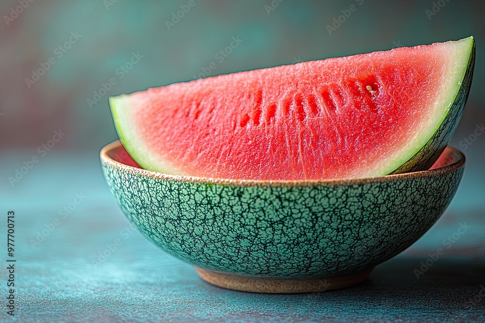 Poster fresh watermelon slices in a textured bowl on a vibrant background with soft lighting