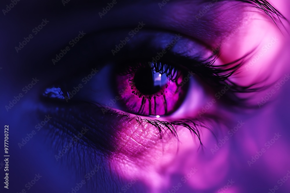 Canvas Prints Close up of a female eye with bright pink iris and long eyelashes. Moody, dramatic, and eye catching