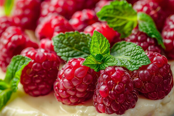 A close up of a dessert with raspberries and mint leaves