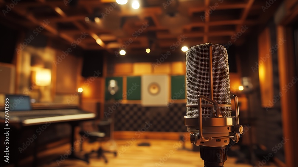 Poster A high-resolution image of a condenser mounted on a stand in a modern recording studio, with soundproofing panels and acoustic treatments in the background.