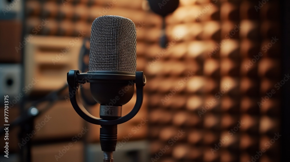 Poster A high-resolution image of a condenser mounted on a stand in a modern recording studio, with soundproofing panels and acoustic treatments in the background.