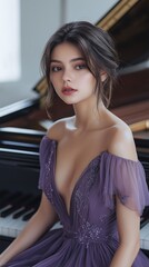 At the concert, a young lady in a sophisticated violet dress is seated at the grand piano against a white backdrop.