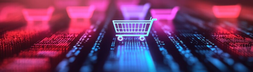 Cyber Monday sale price tags illuminated by neon lights, with abstract, futuristic backgrounds emphasizing digital shopping