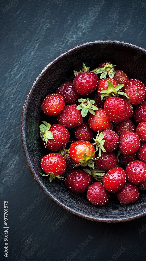 Poster fresh strawberries in a rustic bowl arranged on a dark textured surface