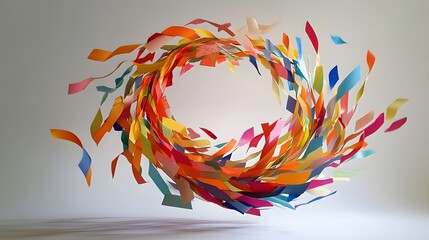 Abstract Paper Tornado: A swirling tornado of colorful paper strips, floating in mid-air, creating a dynamic and chaotic abstract form. 
