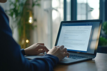 Businessman working on laptop computer with big screen for remote work from home office