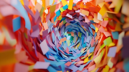 Abstract Paper Tornado: A swirling tornado of colorful paper strips, floating in mid-air, creating a dynamic and chaotic abstract form. 

