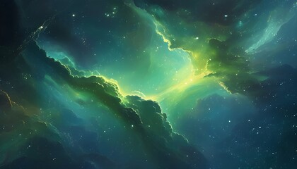 Stunning cosmic scenery featuring a vibrant green nebula amidst a stellar backdrop