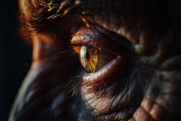 A close up of a person's eye with a dark brown iris