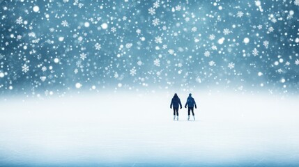 Ice skaters gliding on a frozen lake surrounded by snowflakes, whimsical winter wonderland scene. [Whimsical snowflakes, Christmas skating, holiday wallpaper]