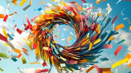 Abstract Paper Tornado: A swirling tornado of colorful paper strips, floating in mid-air, creating a dynamic and chaotic abstract form. 
