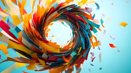 Abstract Paper Tornado: A swirling tornado of colorful paper strips, floating in mid-air, creating a dynamic and chaotic abstract form. 
