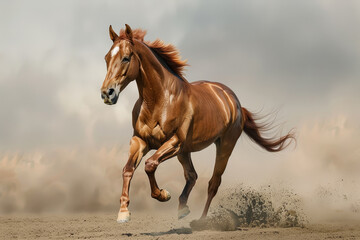Obraz premium A brown horse is running through a sandy field