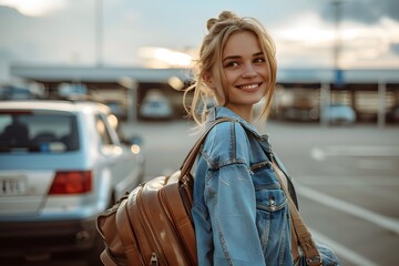 Obraz premium Young happy woman with suitcase going to airport terminal.