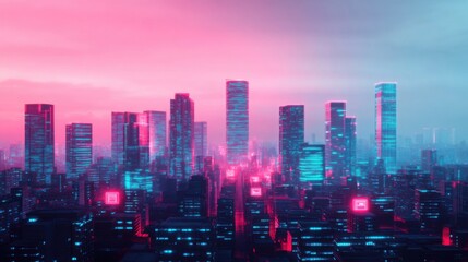 Obraz premium Futuristic cityscape where toxic individuals emit visible energy waves of negativity, disrupting the harmonious digital environment around them