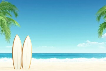 A serene beach scene featuring two surfboards under palm trees with a clear blue sky and gentle waves in the background.