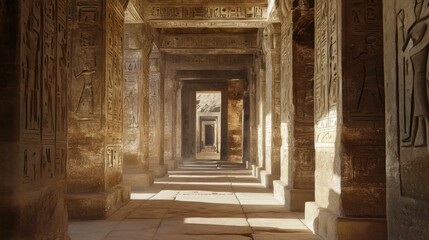 Fototapeta premium A sunlit hallway within an ancient Egyptian temple, revealing intricate hieroglyphics and a sense of mystery.