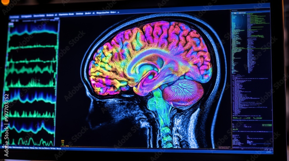 Aufkleber A high-resolution image of a human brain scan on a computer screen, showing detailed MRI or CT images with vibrant colors highlighting different brain areas