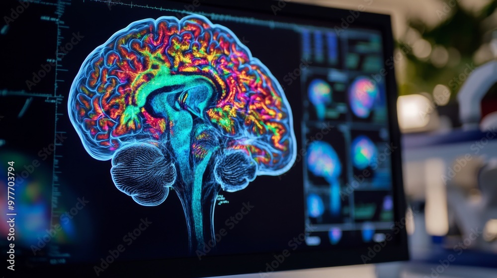 Aufkleber A high-resolution image of a human brain scan on a computer screen, showing detailed MRI or CT images with vibrant colors highlighting different brain areas