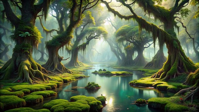 Vibrant, whimsical swamp landscape with twisted vines, moss-covered trees, and a misty atmosphere, evoking a sense of