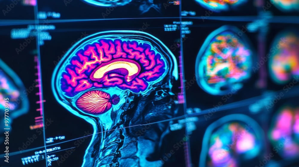 Aufkleber A high-resolution image of a human brain scan on a computer screen, showing detailed MRI or CT images with vibrant colors highlighting different brain areas
