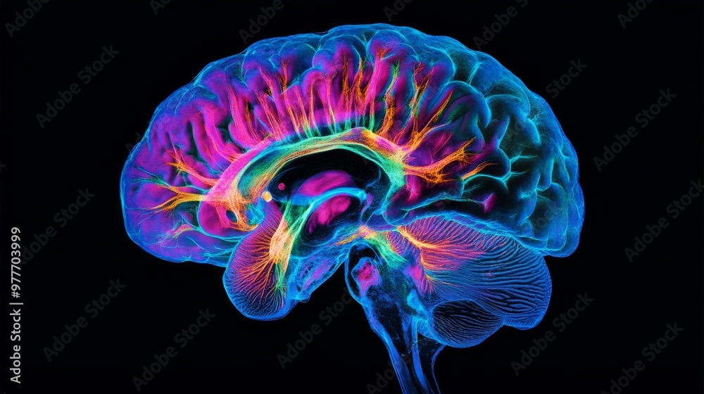 Aufkleber A high-resolution image of a human brain scan on a computer screen, showing detailed MRI or CT images with vibrant colors highlighting different brain areas