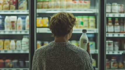 In a convenience store, a man from Europe but a chilled bottle of milk
