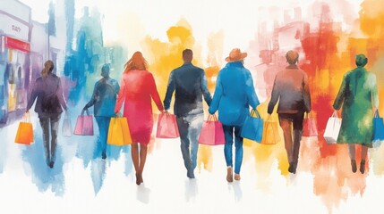 Naklejka premium Excited shoppers rushing through a vibrant mall, holding exclusive Black Friday deals in colorful bags, bold watercolor strokes capturing the energy