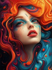 Fototapeta premium Vivid, surreal portrait of a woman with colorful flowing hair and swirling patterns.