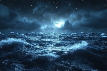 Obraz premium Dramatic photo of turbulent waves under stormy night sky.