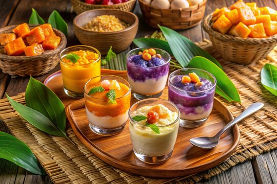 Vibrant and colorful assortment of traditional Filipino desserts, including halo-halo, leche flan, and maja blanca,