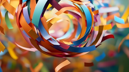 Abstract Paper Tornado: A swirling tornado of colorful paper strips, floating in mid-air, creating a dynamic and chaotic abstract form. 
