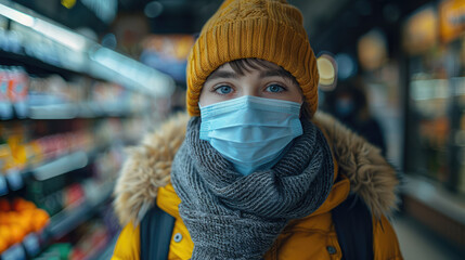 Obraz premium A person wearing a mask and gloves shopping in a grocery store, adhering to health guidelines