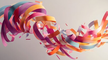 Abstract Paper Tornado: A swirling tornado of colorful paper strips, floating in mid-air, creating a dynamic and chaotic abstract form. 
